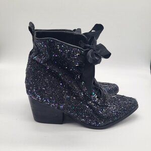 YRU Womens SZ 7 Aura Glitter Heeled Boots Witches Shoes Sparkle Goth Grunge